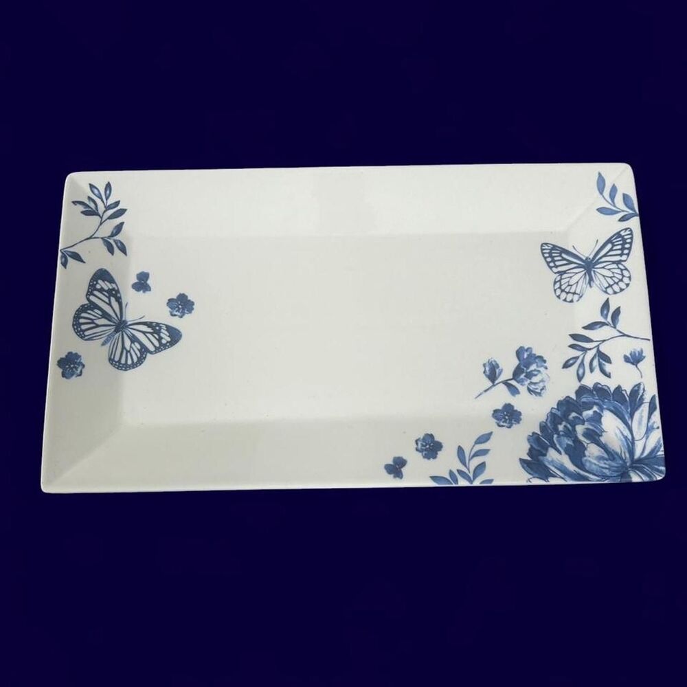 Rectangular 8x15" Blue and White Butterfly and Floral Serving Tray